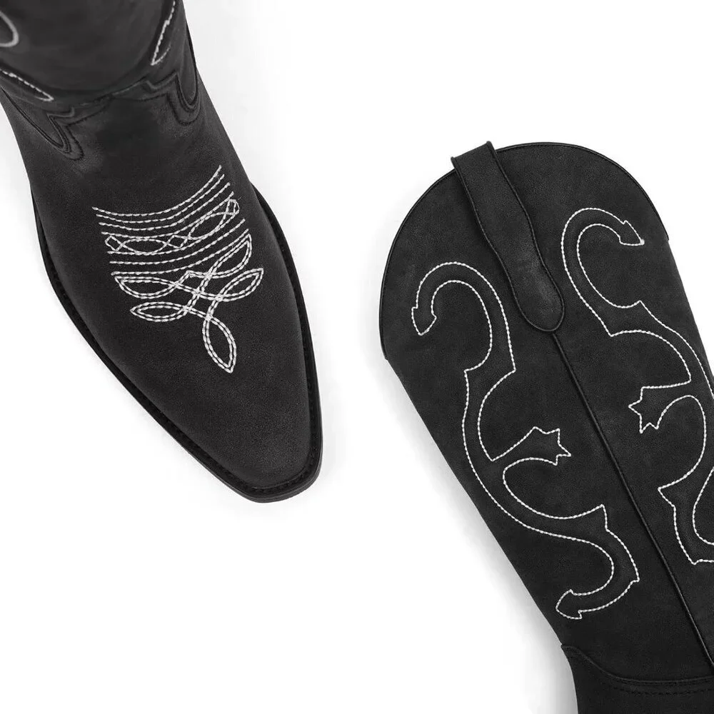 Women's Black Mid Calf Cowgirl Pointed Toe Chunky Heel Fashion Cowboy Boots